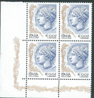 Italia 2003 ; La Donna Nell' Arte Da € 0,02 S.p.A. ; Quartina Di Angolo Inferiore Sinistro. - 2001-10: Mint/hinged