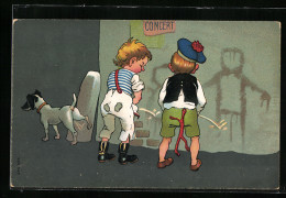 AK Zwei Jungen Pinkeln Strichmännchen An Die Wand, Daneben Markiert Ein Hund Sein Revier  - Humour