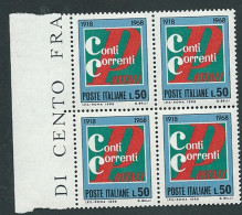 Italia 1968; Anniversario Dei Conti Correnti Postali: Quartina Di Bordo Sinistro. - 1961-70: Nieuw/plakker