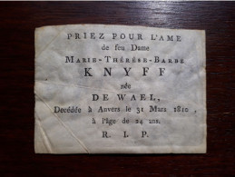 +1810 Marie Thérèse Barbe De Wael - Knyff - Anvers (Antwerpen) - Todesanzeige