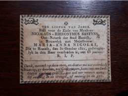 Oud-Notaris Der Stad Hasselt - Nicolaus Hieronymus Bastyns ° 1758 + Hasselt 1821 X Maria Anna Nicolai - Overlijden