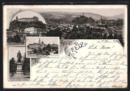 Lithographie Greiz, Unteres Schloss, Oberes Schloss, Kaiser Wilhelm-Denkmal, Ortsansicht  - Greiz