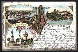 Lithographie Bernburg, Schloss, Wolfgangdenkmal, Bären Im Gehege  - Bernburg (Saale)
