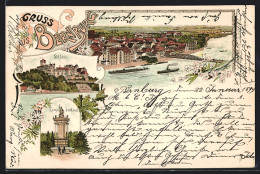 Lithographie Bernburg, Schloss, Kriegerdenkmal, Teilansicht Mit Brücke  - Bernburg (Saale)