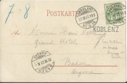 SUISSE  CARTE 5c  MARQUE LINEAIRE KOBLENZ  + AMBULANT N° 38 POUR BADEN  DE 1902 LETTRE COVER - Lettres & Documents