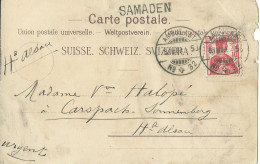 SUISSE  CARTE 10c MARQUE LINEAIRE SAMADEN +  AMBULANT N° 32 POUR CARSPACH ( HAUT RHIN )  DE 1909 LETTRE COVER - Covers & Documents