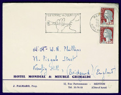 Ref 1648 - 1962 Super Advertising Cover Hotel Mondial - Menton France 50c Rate To Wales - Music Festival Slogan - Storia Postale