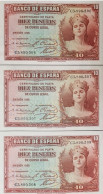 SEQUENTIAL NUMBER SPAIN BANKNOTE LOT 10 PESETAS 1935 UNCIRCULATED UNC BILLETE ESPAÑA TRIO SC*COMPRAS MULTIPLES CONSULTAR - 10 Peseten
