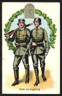 Präge-AK Augsburg, Infanterie-Regiment 19, Zwei Bewaffnete Soldaten In Uniform In Einem Eichblatt-Kranz  - Regimientos