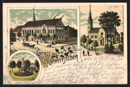 Lithographie Wolmirsleben, Gasthof Zum Adler, Kirche, Kaiser-Denkmal  - Andere & Zonder Classificatie