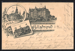 Lithographie Güstrow, Siegesdenkmal U. Landgericht, Schloss, Post  - Güstrow