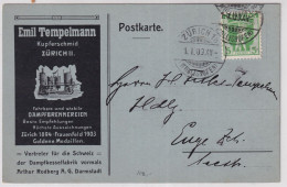 Zum. 103 / Mi. 97 Auf Illustrierter Werbepostkarte EMIL TEMPELMANN KUPFERSCHMID DAMPFBRENNEREIEN - ZÜRICH - Lettres & Documents