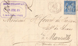 LETTRE. SAGE. 15c. PARIS. 1885. RUE DES HAUDRIETTES. DEBELLE QUILLARDET & C° RUE DU CHAUME - 1877-1920: Semi Modern Period