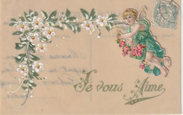 XXX - " JE VOUS AIME " - CARTE FANTAISIE CELLULOID PEINTE , FLEURS , ET AJOUT  CHROMO, ANGELOT - 2 SCANS - Autres & Non Classés