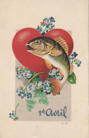 XXX - " 1er AVRIL " - POISSON  ET COEUR - DECOR FLORAL - ILLUSTRATEUR  A. B. - 2 SCANS - 1er Avril - Poisson D'avril