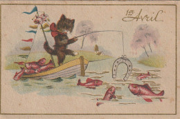 XXX - " 1er AVRIL " - CHAT DANS BARQUE REMPLIE DE POISSONS  ET PECHANT AVEC UN FER A CHEVAL -  2 SCANS - 1 April (aprilvis)