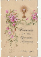 XXX -"  SOUVENIR DE MA PREMIERE COMMUNION " - CARTE RELIGIEUSE CELLULOID PEINTE ( 11/06/1905 ) - CIBOIRE ET FLEURS  - Religión & Esoterismo