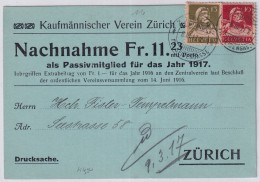 Zum. 126i, 139 / Mi. 118i, 139x Auf Nachnahmekarte KAUFMÄNNISCHER VEREIN ZÜRICH Passivmitglied 1917 - Lettres & Documents