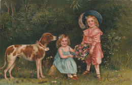 XXX - " HEUREUX ANNIVERSAIRE " - CARTE GAUFREE - COUPLE D' ENFANTS AVEC BOUQUET DE FLEURS ET CHIEN - Verjaardag