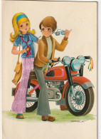 XXX - CARTE FANTAISIE BRODEE - COUPLE A MOTO - ILLUSTRATEUR - EDIT. PRAT- 2 SCANS - Bestickt