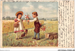 AJRP4-0387 - ENFANTS - DEUX ENFANTS S'OFFRANT DES FLEURS DANS UN JARDIN  - Dibujos De Niños