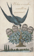 XXX - " BEBES A VENDRE , ENSEMBLE OU SEPAREMENT ! " - HIRONDELLE PORTANT UNE PANIERE DE BEBES AVEC MYOSOTIS - 2 SCANS - Scènes & Paysages