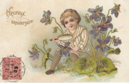 XXX - " HEUREUX ANNIVERSAIRE " - CARTE  GAUFREE  - ENFANT AVEC LOUPE ETUDIANT LES FLEURS - DORURE - Cumpleaños