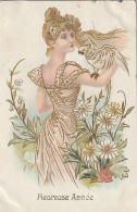 XXX - " HEUREUSE ANNEE " - FEMME AVEC PERROQUET AU MILIEU DES FLEURS - STYLE ART NOUVEAU - ILLUSTRATEUR - 2 SCANS - Anno Nuovo