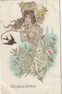 XXX - " 365 JOURS DE BONHEUR " - FEMME CHAPEAUTEE AVEC OISEAU AU MILIEU DES FLEURS - STYLE ART NOUVEAU - ILLUSTRATEUR - Año Nuevo