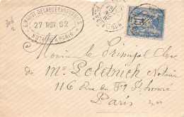 LETTRE. DEVANT. SAGE.  15c. PARIS. 1882. PLACE VENTADROCHE. G.MAHOT DE LAQUERANTONNAIS. NOTAIRE - 1877-1920: Période Semi Moderne