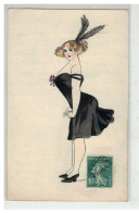 ILLUSTRATEUR #16958 JOLIE FEMME EN ROBE NOIR A PLUMES - 1900-1949