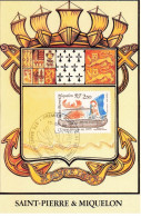 CARTE MAXIMUM #23629 SAINT PIERRE ET MIQUELON 1990 CANOE MICMAC ARMOIRIE BLASON - Tarjetas – Máxima