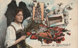 XXX -(90) SOUVENIR DE BELFORT - CARTE FANTAISIE MULTIVUES - ALSACIENNE AVEC FLEURS CHAMPETRES - 2 SCANS - Greetings From...