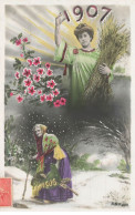 VOEUX NOUVEL AN #27045 1907 ALLEGORIES 4 SAISONS FEMME GERBE DE BLE VIEILLE FEMME PAYSAGE HIVER FLEURS - New Year