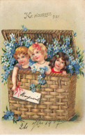 ENFANTS #27061 SOURIANT DANS CORBEILLE DE FLEURS MYOSOTIS SOUHAIT NE M OUBLIEZ PAS CARTE GAUFREE - Other & Unclassified