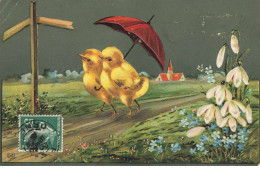 COUPLE DE POUSSINS #32403 SOUS UN PARAPLUIE FLEURS GAUFREE - Autres & Non Classés