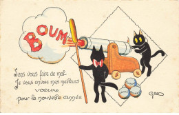 CHATS CHAT #FG35175 CAT KATZE NOIR UTILISENT UN CANON BOUM MES VOEUX BONNE ANNEE PAR ILLUSTRATEUR GEO - Chats