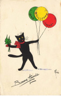 CHATS CHAT #FG35142 CAT KATZE NOIR TENANT DES BALLONS COLORES BONNE ANNEE PAR RENE - Gatos