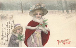 ILLUSTRATEUR #FG37810 SUPERBE FEMME ET FILLETTE A CHAPEAUX JOYEUX NOEL M.M. VIENNE - Vienne