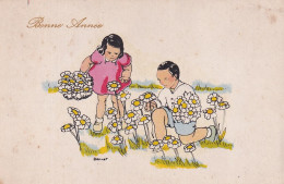 XXX Nw- " BONNE ANNEE " - COUPLE D'ENFANTS ET CUEILLETTE DE FLEURS - ILLUSTRATEUR BERNET  - Autres & Non Classés