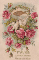 XXX - 1er AVRIL - CARTE FANTAISIE GAUFREE - COUPLE DE COLOMBES AU MILIEU DE ROSES ET POISSON DORE - 1° Aprile (pesce Di Aprile)