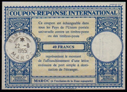 MAROC MOROCCO MARRUECOS  Lo16u  40 FRANCS  International Reply Coupon Reponse Antwortschein IRC IAS  RABAT 22.08.55 - Marocco (1956-...)