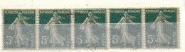 FRANCE N° 137 5C VERT TYPE SEMEUSE CAMEE TYPE IA + GC BANDE DE 5 OBL - Usados