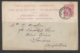 1894 Used Postal Card - Bruges (Station) 27 Oct 1894 To London England - 1893-1907 Armoiries