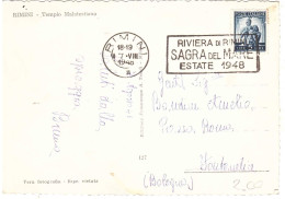 CARTOLINA TEMPIO MALATESTIANO ANNULLO TARGHETTA RIVIERA DI RIMINI - 1946-60: Storia Postale