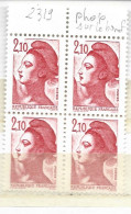 FRANCE N°2319 2.10 ROUGE TYPE LIBERTE 2 BANDES DE PHOSPHORE A DROITE BLOC DE 4 NEUF SANS CHARNIERE - Neufs