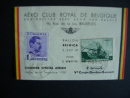 Belgique. 5me Coupe Gordon Bennettt. Courrier Spécial Liège Vers La Roumanie Zalau.11.9.38 Pilote: Demuytter - Montgolfier