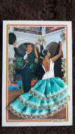 CARTE  BRODEE FOKLORE FOLKLORIQUE ESPAGNE ESPAGNOLE  COUPLE DANSE FLAMENCO ROBE VERTE TENDRE CHAPEAU NOIR - Ricamate