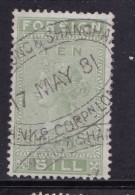 GB  QV  Fiscals / Revenues Foreign Bill 10/- Green In A Piece, Neatly Cancelled Good Used. One Pinhole. Barefoot 94 - Revenue Stamps