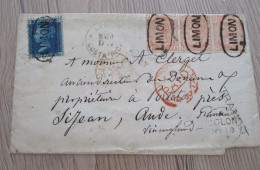 England Rare Lettre 4 TP Anciens Dont Bande De 3 Cachets Limon Costa Rica Via England Pou Sigean Aude - 1840 Enveloppes Mulready